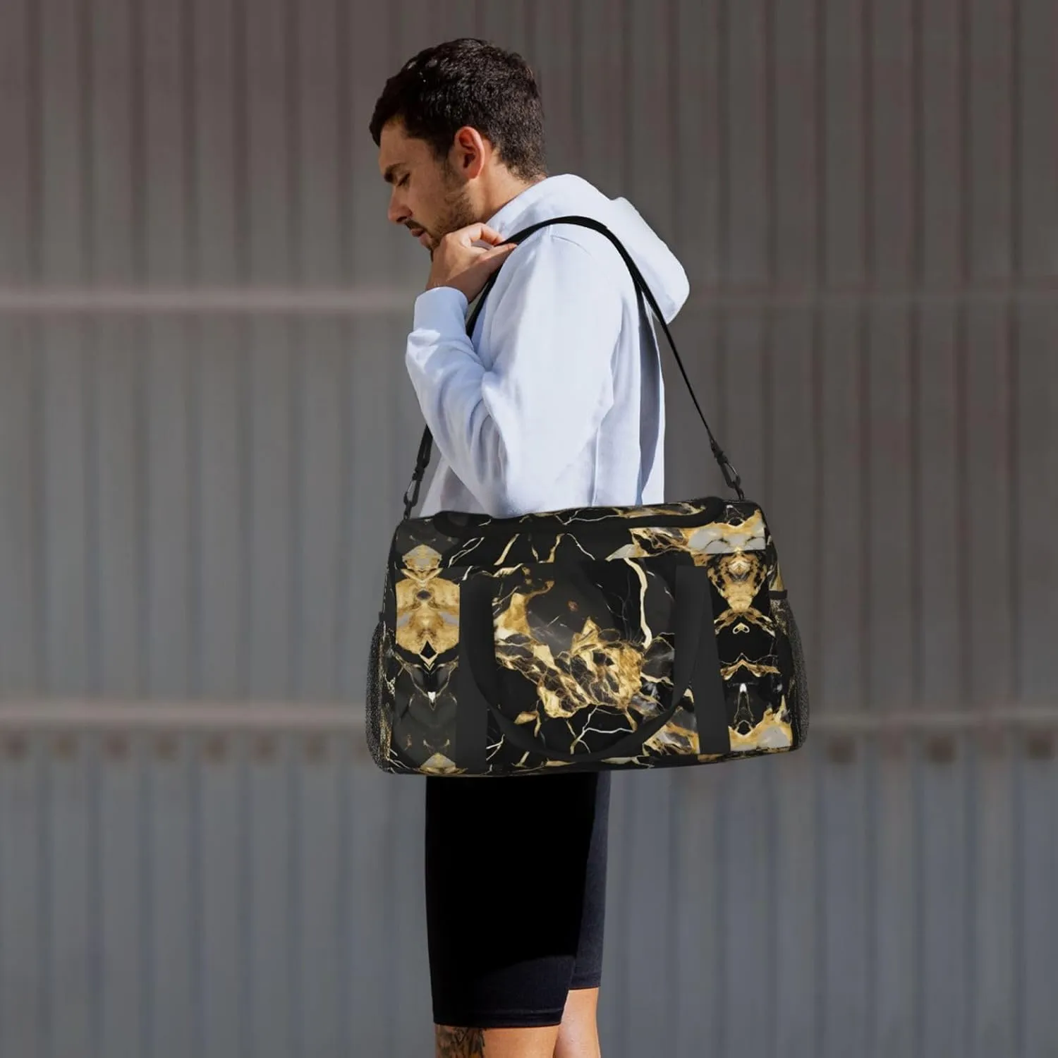 Black Marble Texture Golden Travel Duffel Bag With Zippers And Handles, Big Foldable Duffle Bag For Family Vacations