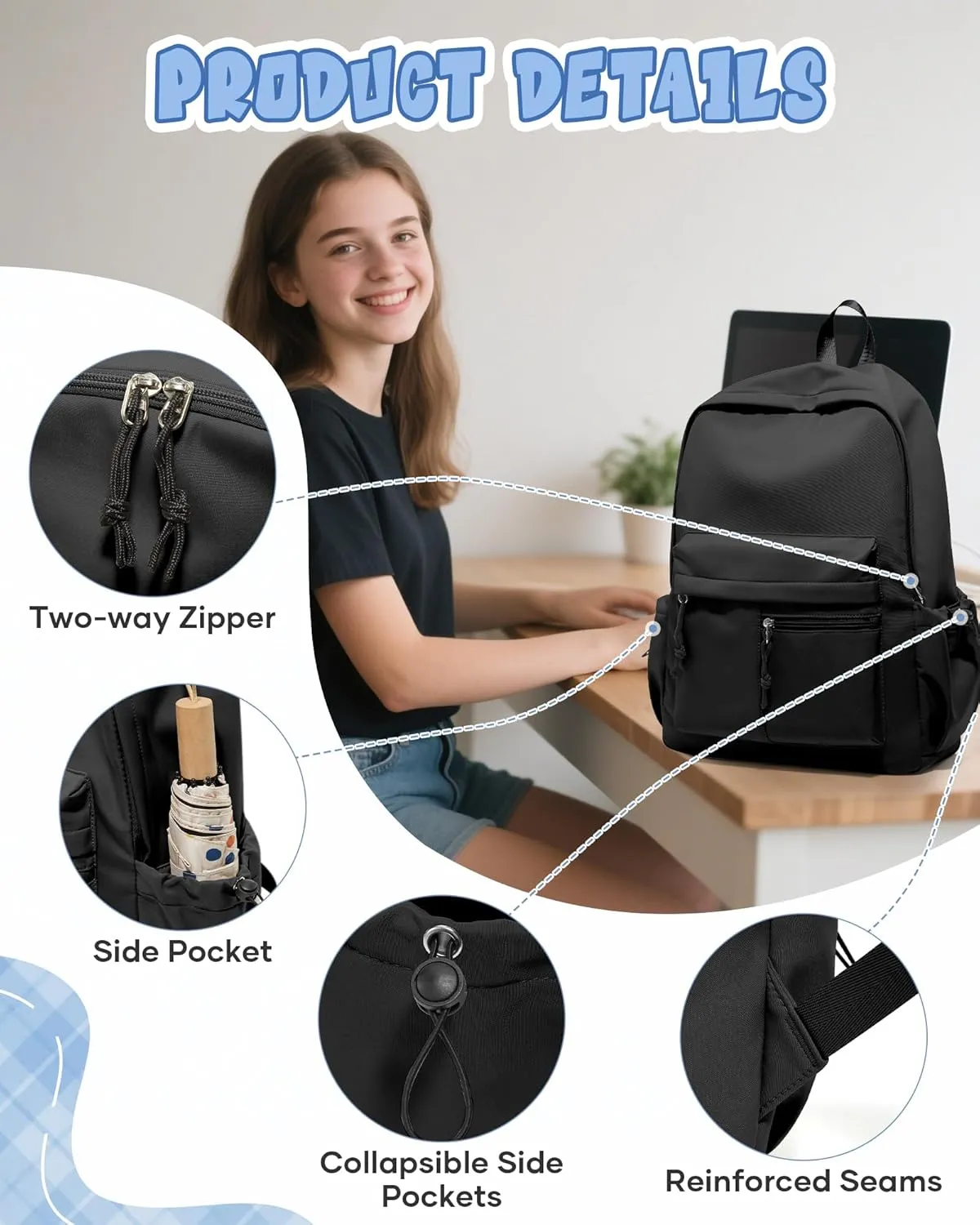 Black School Backpacks for Girls and Boys,Cute Kids Backpack,Waterproof High School Book Bag,Middle School Back Pack for Teenager