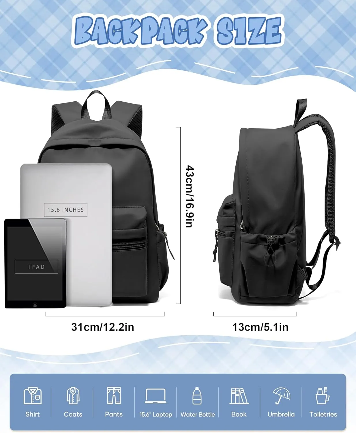 Black School Backpacks for Girls and Boys,Cute Kids Backpack,Waterproof High School Book Bag,Middle School Back Pack for Teenager