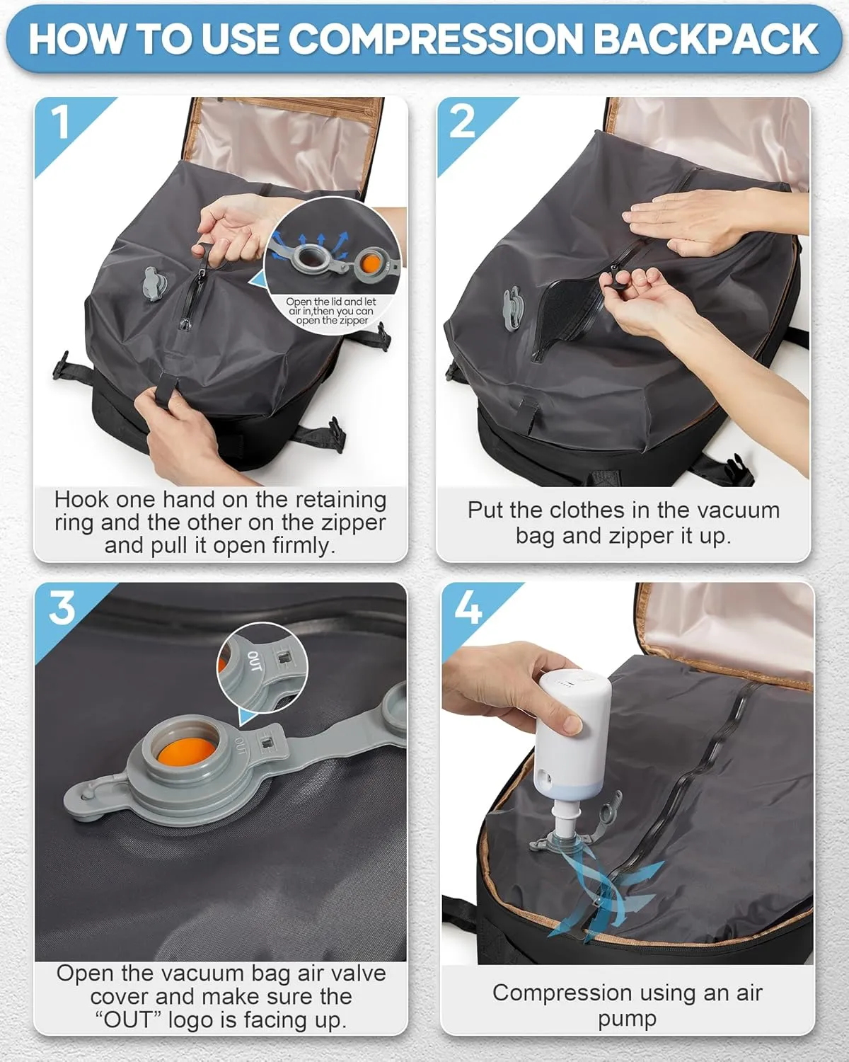 Black Vacuum Seal Compression Travel Backpack with Pump for Women Men Airback Vacpack laptop Backpacks with Shoe Compartment Vacuum Seal Packing Carry on Backpack for Airplanes College Casual Daypack