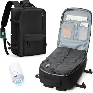 Black Vacuum Seal Compression Travel Backpack with Pump for Women Men Airback Vacpack laptop Backpacks with Shoe Compartment Vacuum Seal Packing Carry on Backpack for Airplanes College Casual Daypack