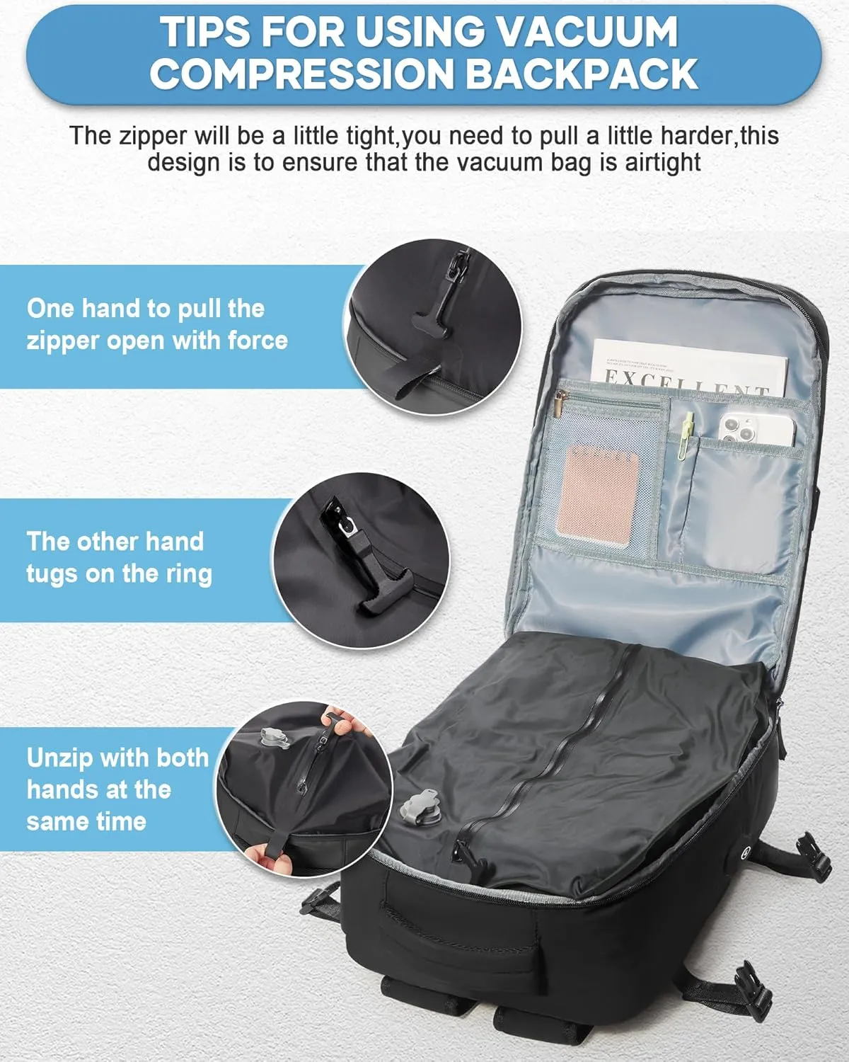 Black Vacuum Seal Compression Travel Backpack with Pump for Women Men Airback Vacpack laptop Backpacks with Shoe Compartment Vacuum Seal Packing Carry on Backpack for Airplanes College Casual Daypack