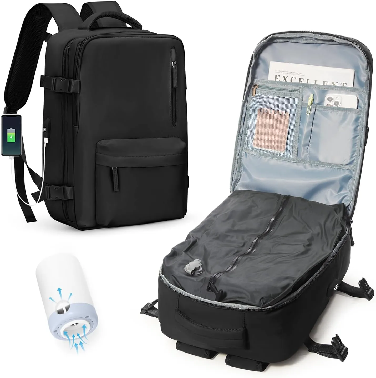 Black Vacuum Seal Compression Travel Backpack with Pump for Women Men Airback Vacpack laptop Backpacks with Shoe Compartment Vacuum Seal Packing Carry on Backpack for Airplanes College Casual Daypack