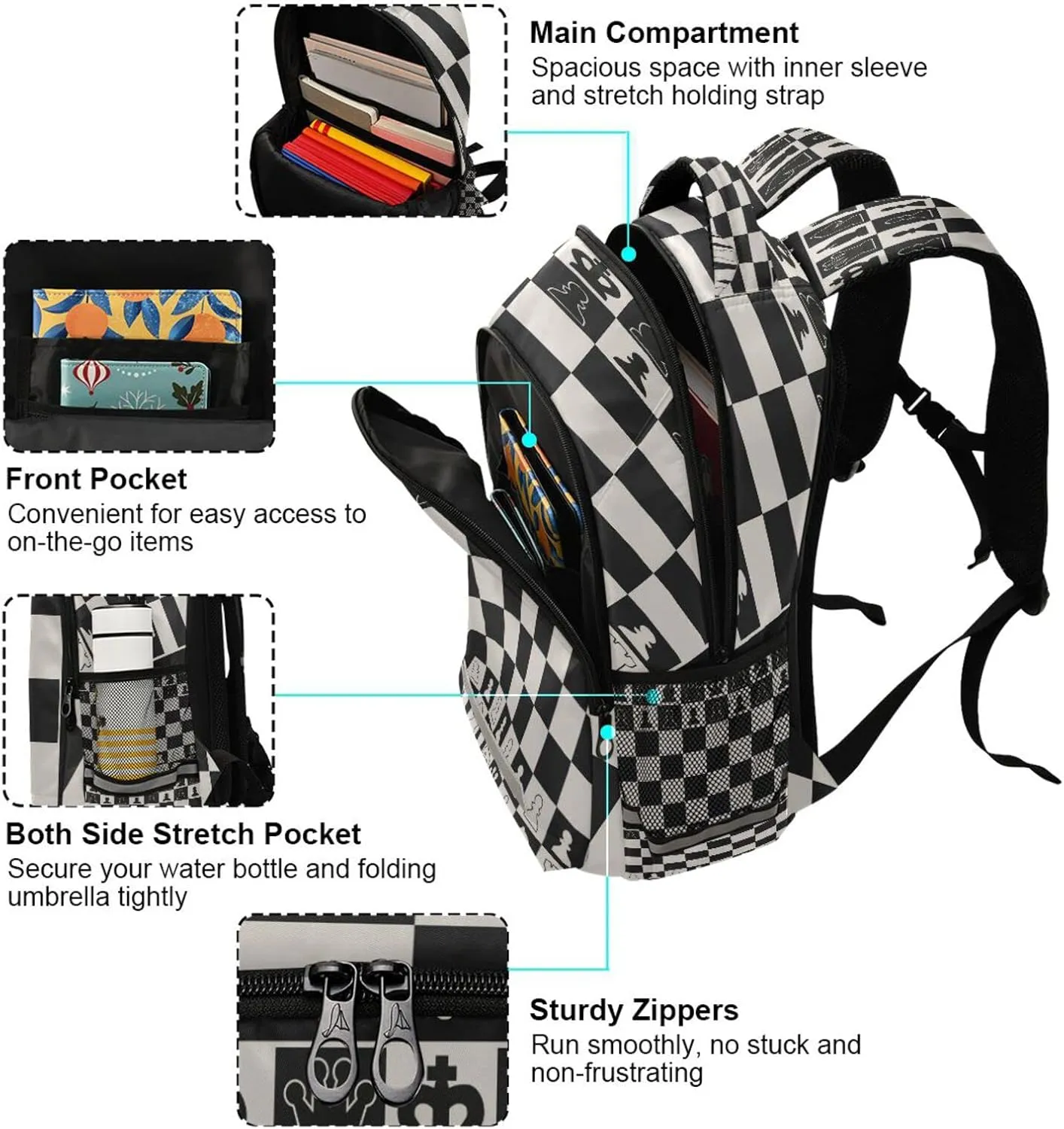 Black White Chess Board School Backpacks with Chest Strap for Teens Boys Girls,Lightweight Student Bookbags 17 Inch, Chess Pieces Casual Daypack Schoolbags