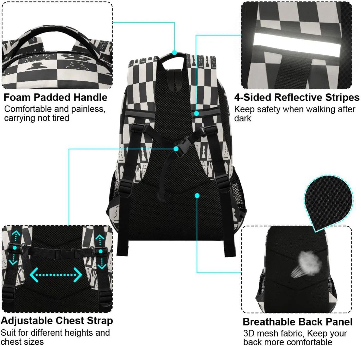 Black White Chess Board School Backpacks with Chest Strap for Teens Boys Girls,Lightweight Student Bookbags 17 Inch, Chess Pieces Casual Daypack Schoolbags