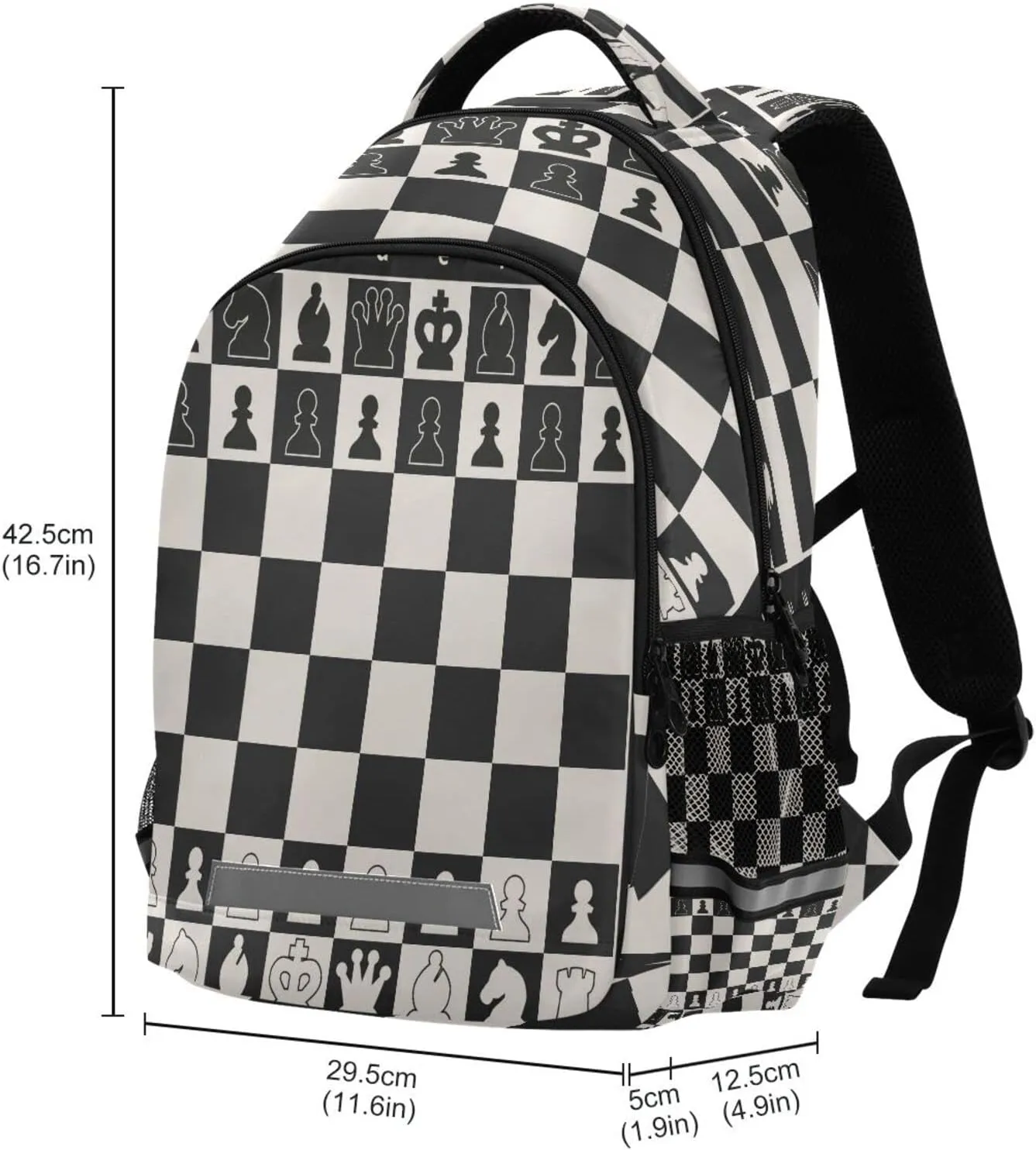 Black White Chess Board School Backpacks with Chest Strap for Teens Boys Girls,Lightweight Student Bookbags 17 Inch, Chess Pieces Casual Daypack Schoolbags