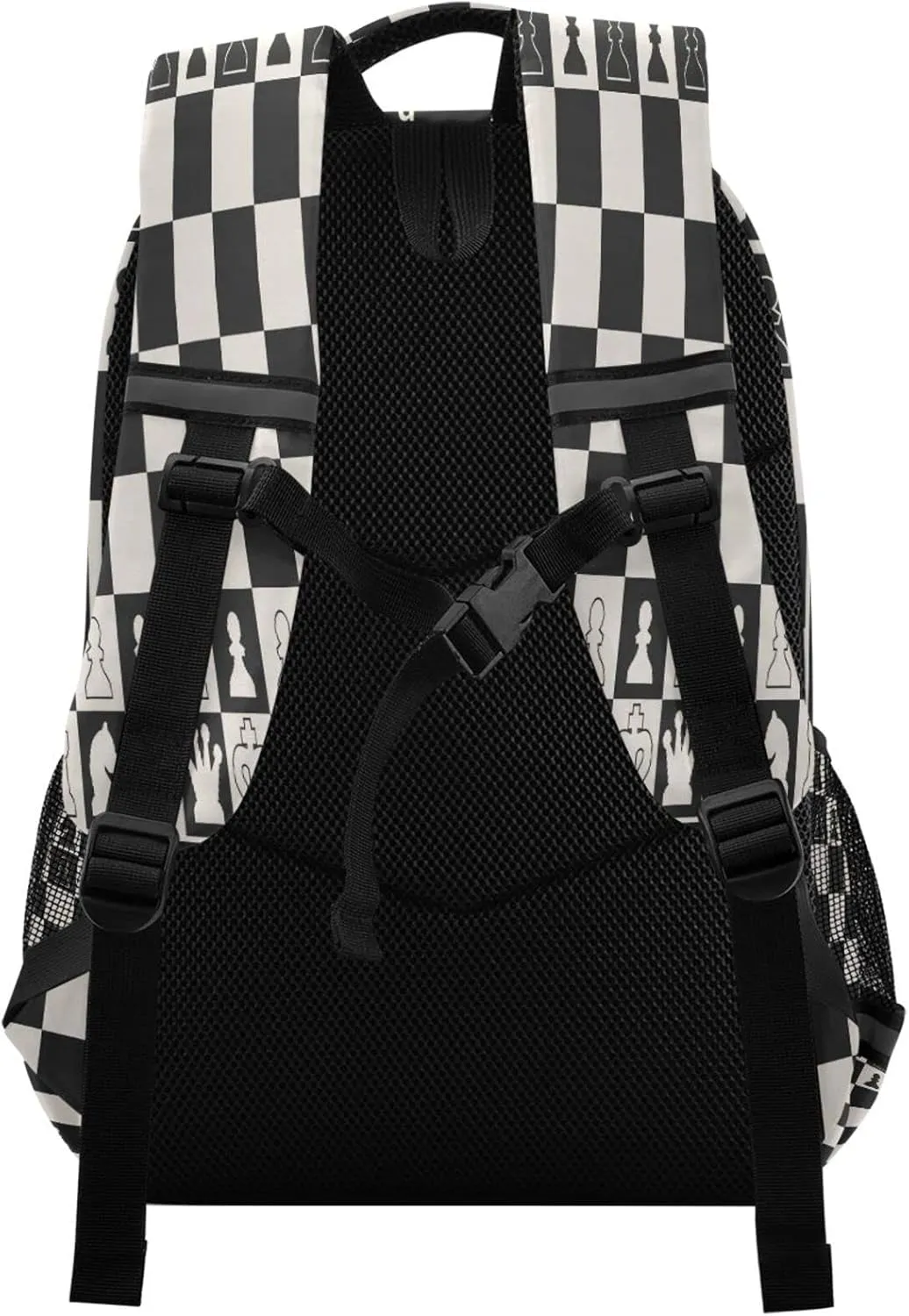 Black White Chess Board School Backpacks with Chest Strap for Teens Boys Girls,Lightweight Student Bookbags 17 Inch, Chess Pieces Casual Daypack Schoolbags