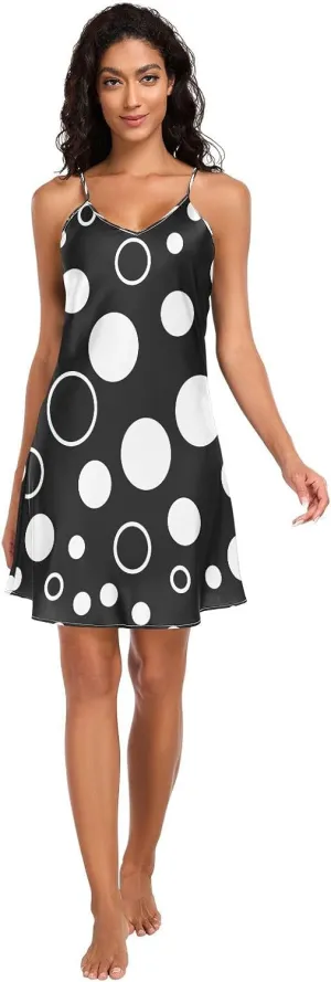 Black White Polka Dots Women's Satin Slip Dress, Adjustable Spaghetti Strap V Neck Women Satin Nightgown, S