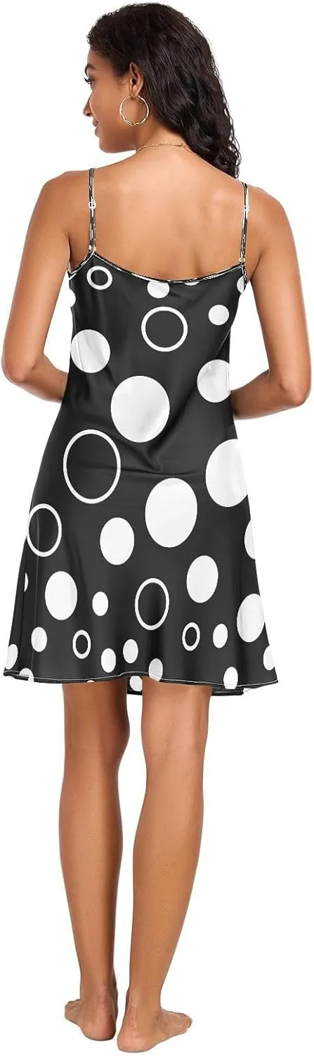 Black White Polka Dots Women's Satin Slip Dress, Adjustable Spaghetti Strap V Neck Women Satin Nightgown, S