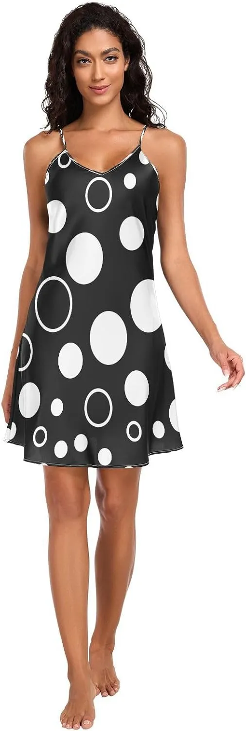 Black White Polka Dots Women's Satin Slip Dress, Adjustable Spaghetti Strap V Neck Women Satin Nightgown, S