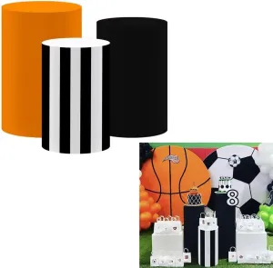 Black White Stripes Basketball Cylinder Covers for Boys Sports Birthday Party Pedestal Stand Tablecloth Fabric Cover Baby Shower Banquets Festa Parties Favors Decorations 11''20''