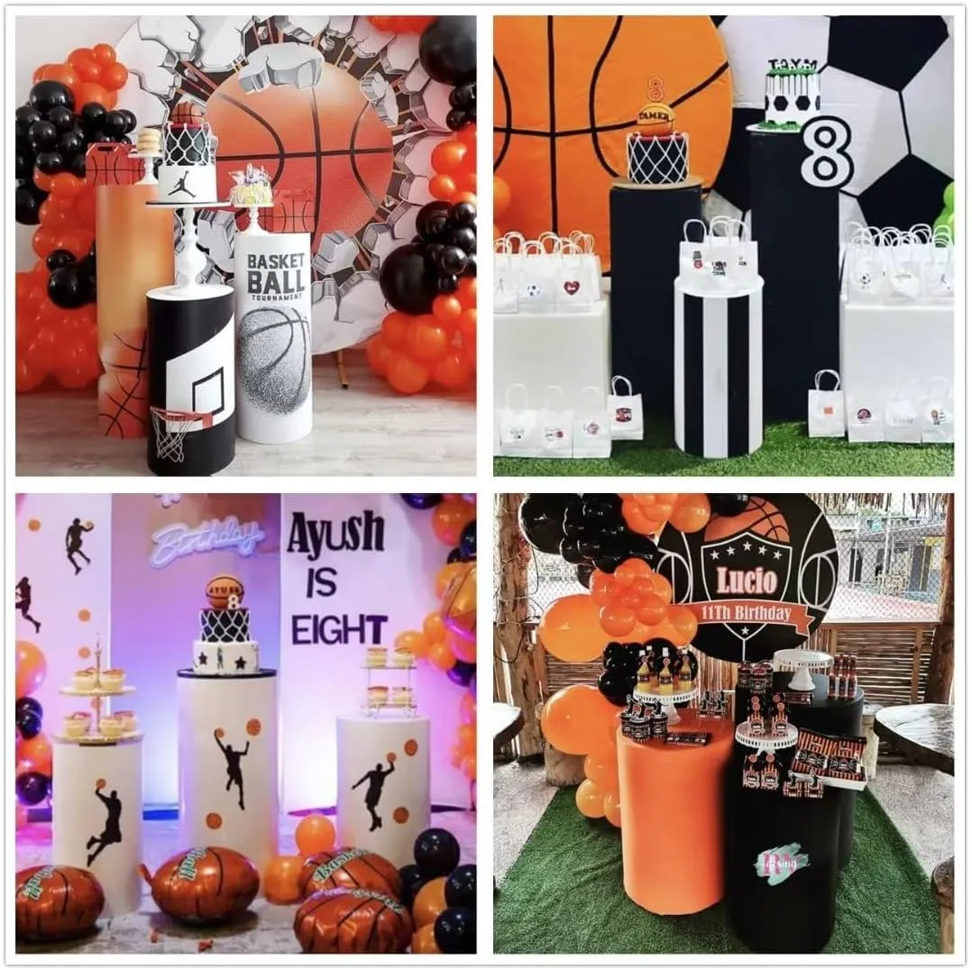 Black White Stripes Basketball Cylinder Covers for Boys Sports Birthday Party Pedestal Stand Tablecloth Fabric Cover Baby Shower Banquets Festa Parties Favors Decorations 11''20''