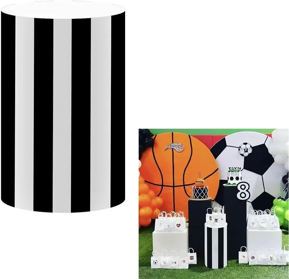 Black White Stripes Basketball Cylinder Covers for Boys Sports Birthday Party Pedestal Stand Tablecloth Fabric Cover Baby Shower Banquets Festa Parties Favors Decorations 11''20''