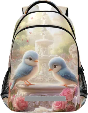 Blue Bird Flower Fountain School Backpack for Girls Boys Elementary Middle School Book Bag Teens Kids Casual Travel Daypack Student Knapsack