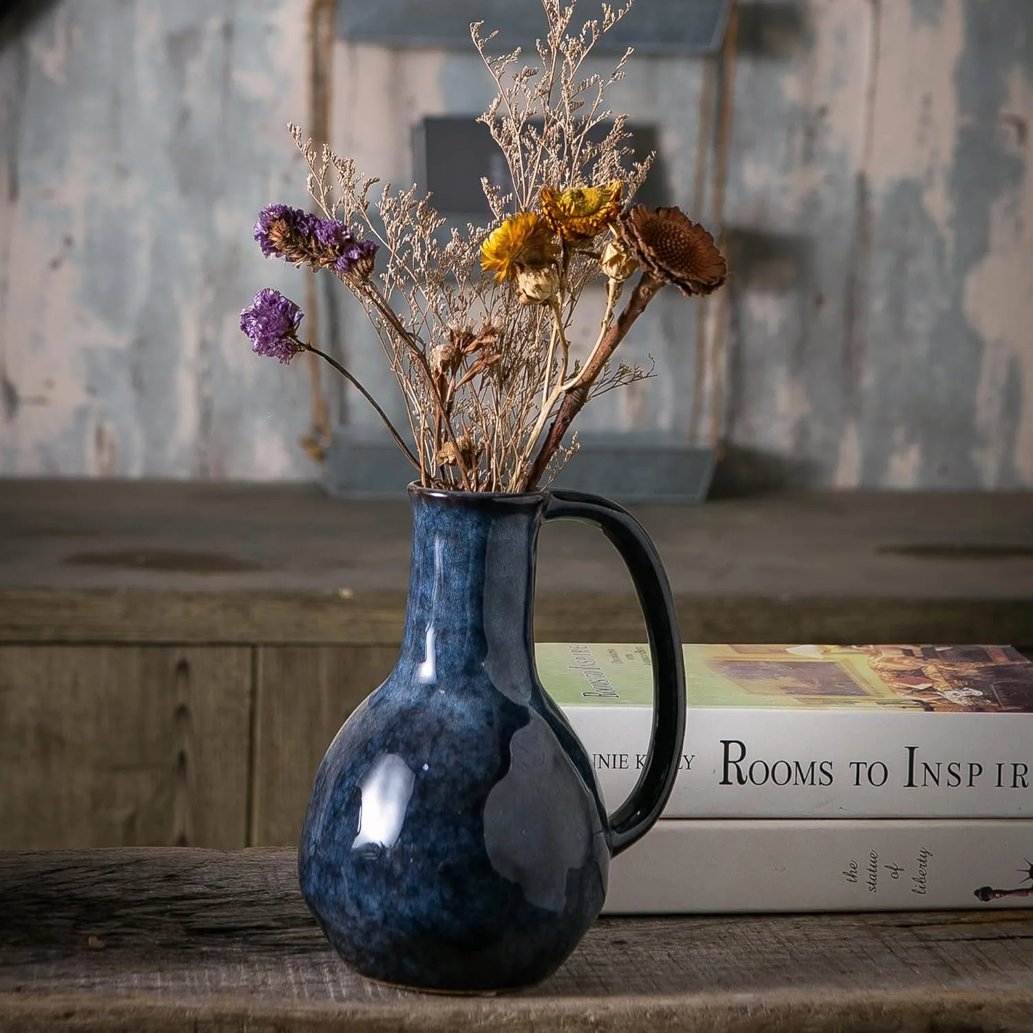 Blue Ceramic Vase with Big Handles, Modern Farmhouse Decorative Pottery Vase for Home Decor and Dining Table