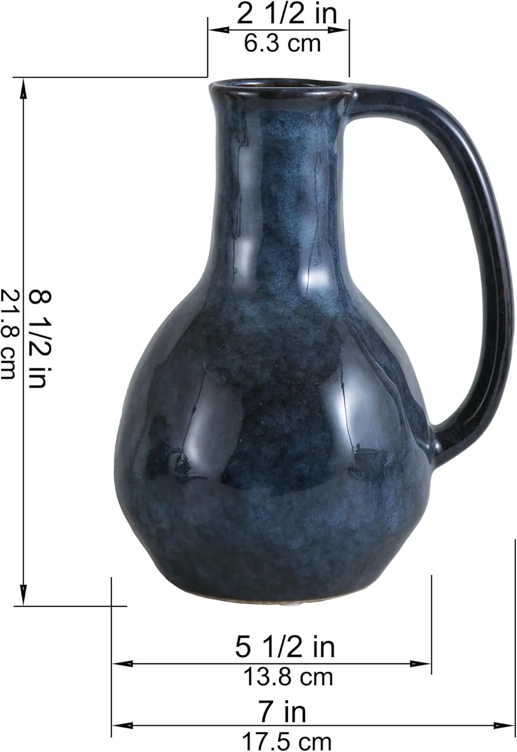Blue Ceramic Vase with Big Handles, Modern Farmhouse Decorative Pottery Vase for Home Decor and Dining Table
