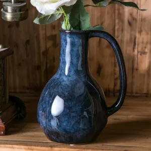 Blue Ceramic Vase with Big Handles, Modern Farmhouse Decorative Pottery Vase for Home Decor and Dining Table
