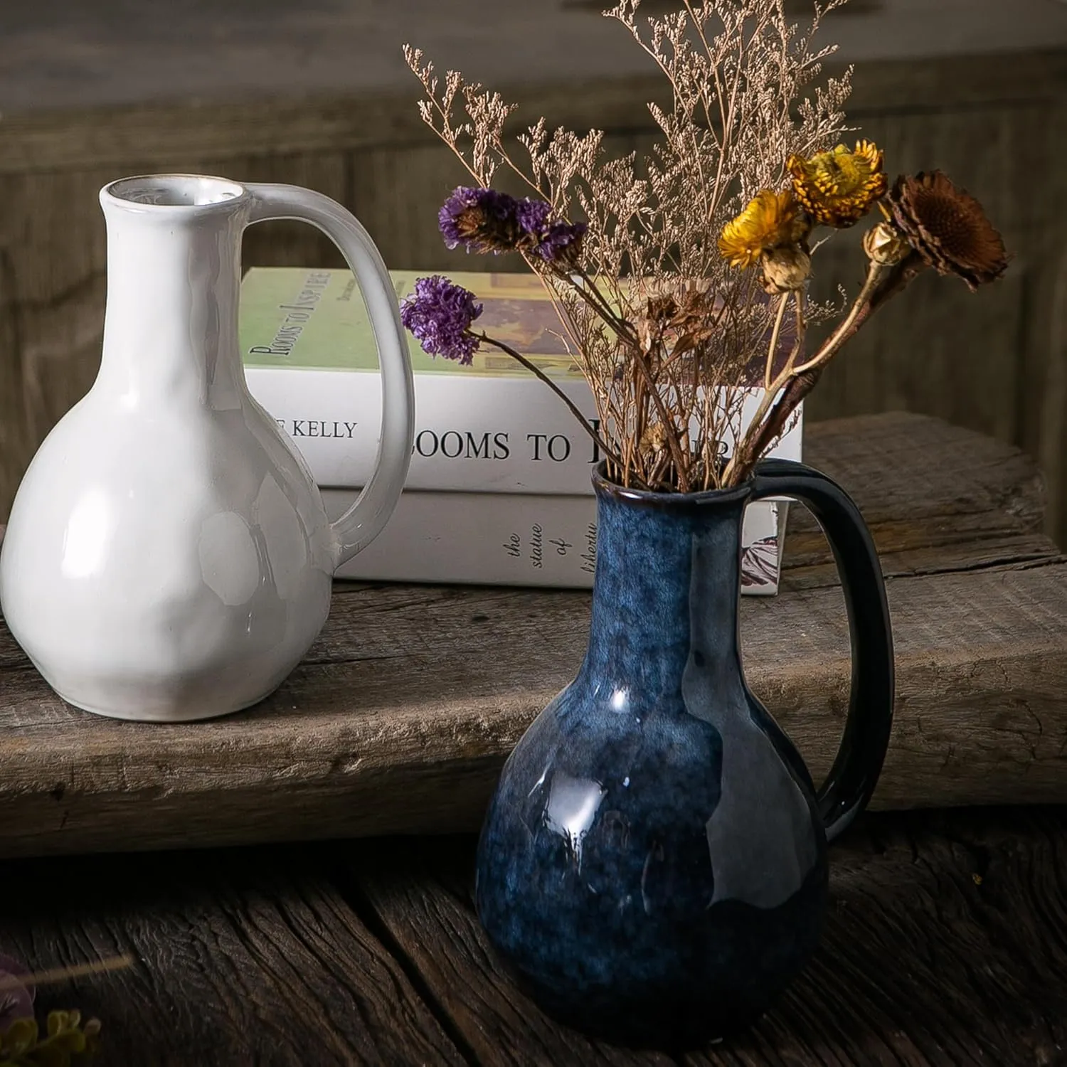Blue Ceramic Vase with Big Handles, Modern Farmhouse Decorative Pottery Vase for Home Decor and Dining Table