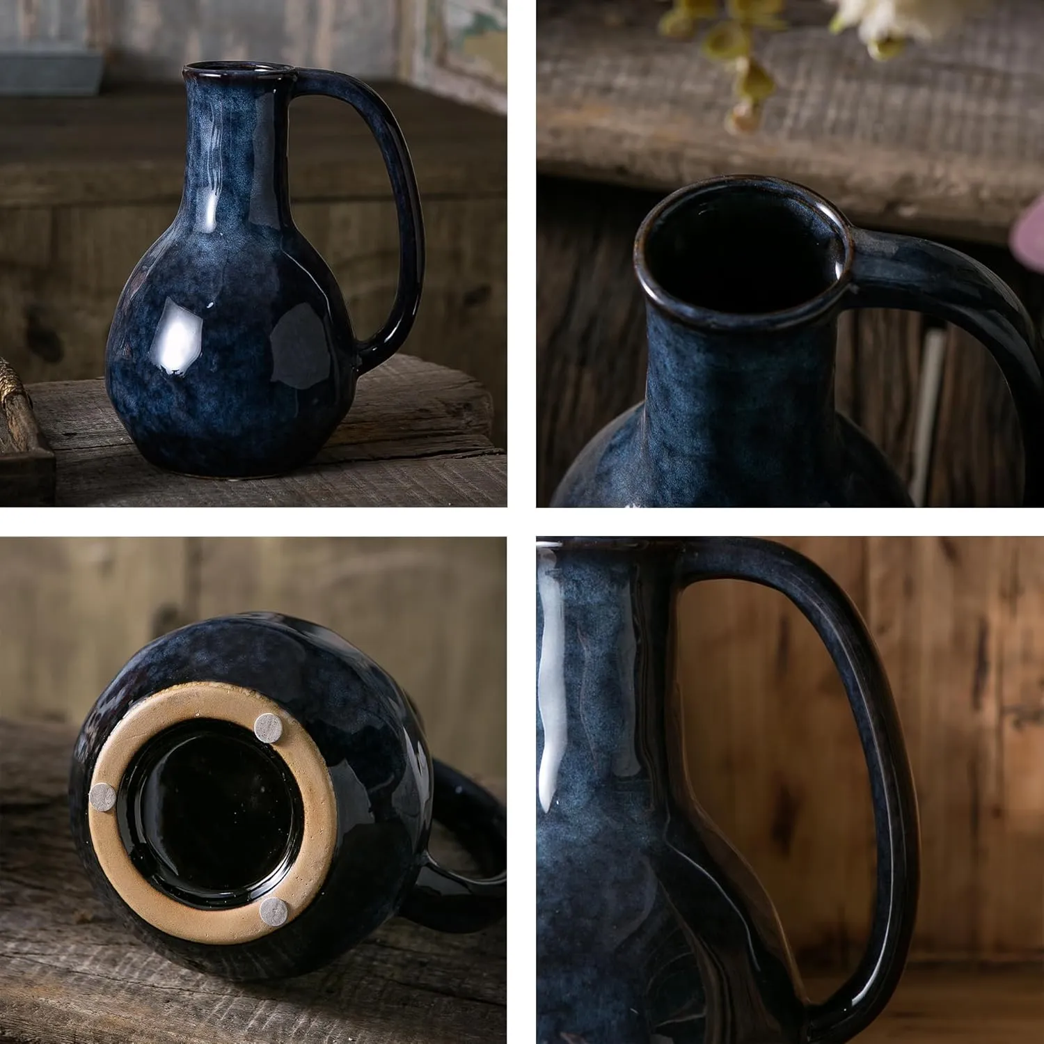Blue Ceramic Vase with Big Handles, Modern Farmhouse Decorative Pottery Vase for Home Decor and Dining Table