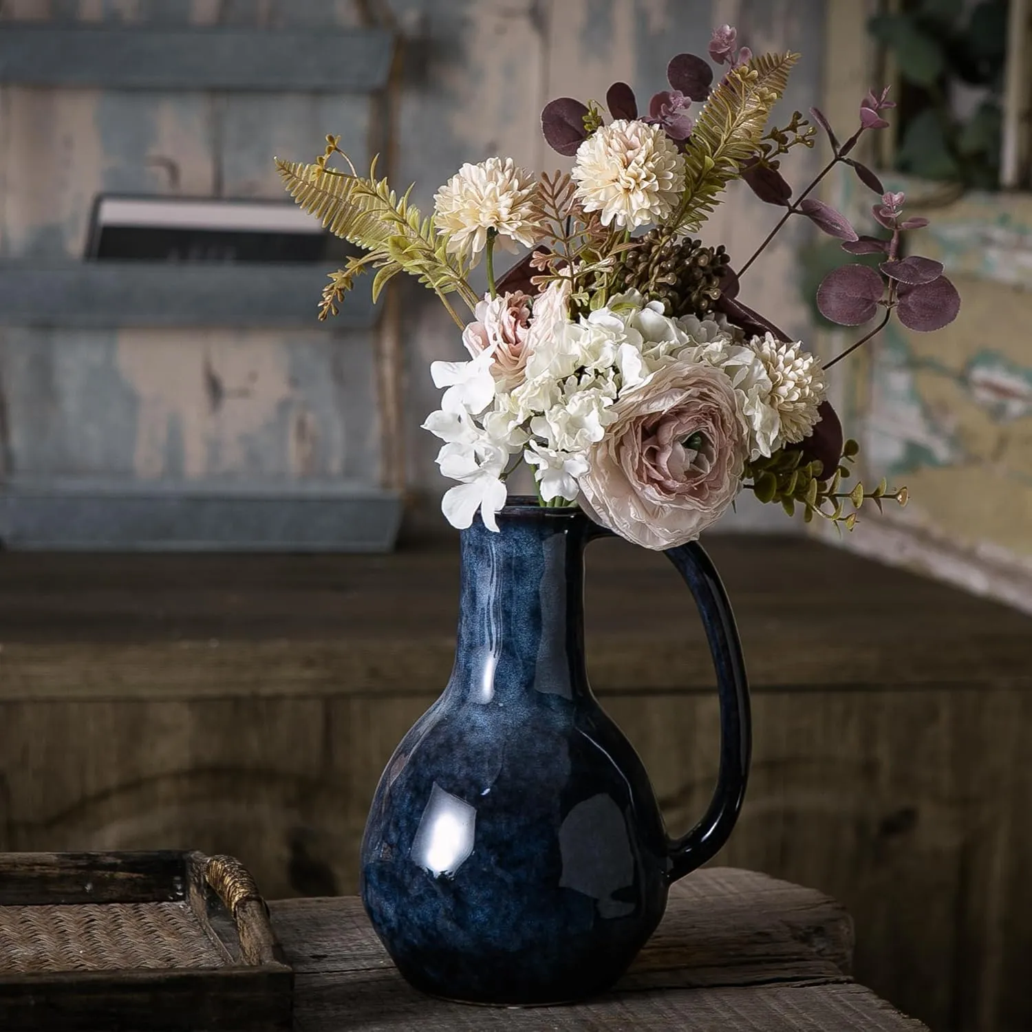 Blue Ceramic Vase with Big Handles, Modern Farmhouse Decorative Pottery Vase for Home Decor and Dining Table