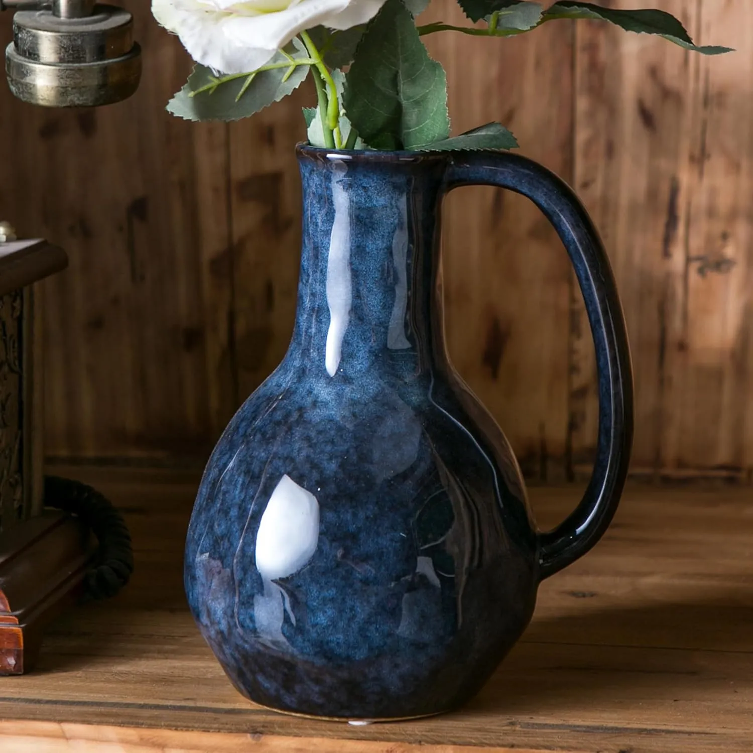 Blue Ceramic Vase with Big Handles, Modern Farmhouse Decorative Pottery Vase for Home Decor and Dining Table