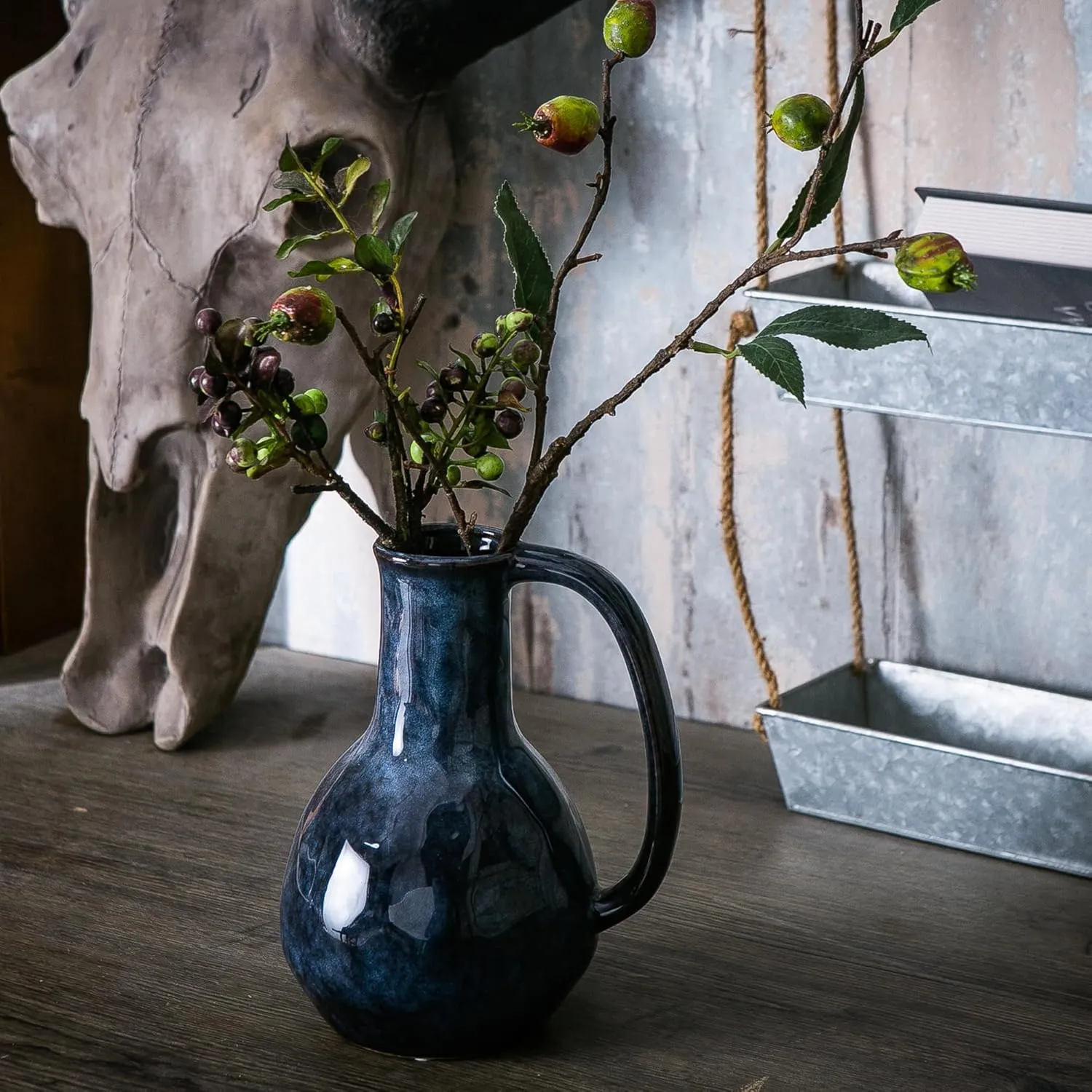 Blue Ceramic Vase with Big Handles, Modern Farmhouse Decorative Pottery Vase for Home Decor and Dining Table