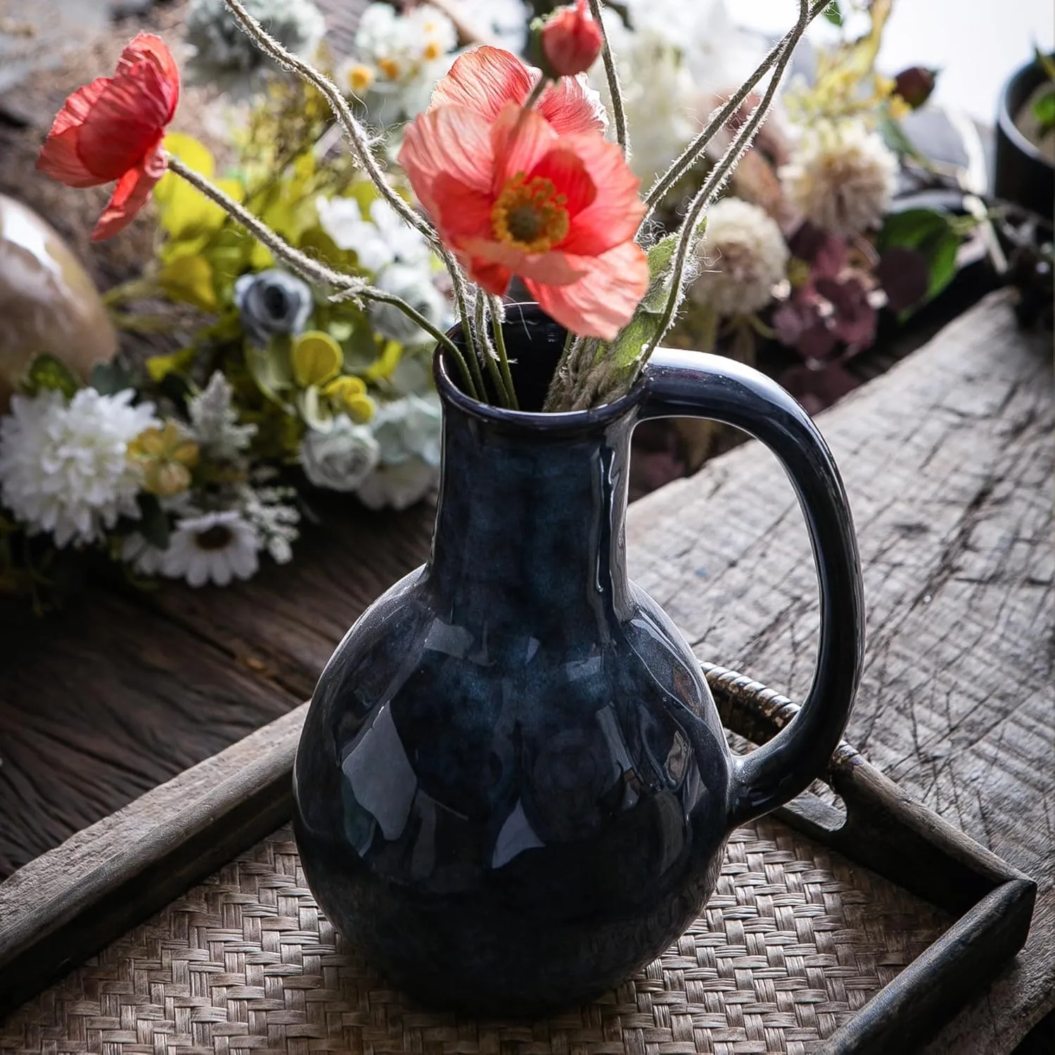 Blue Ceramic Vase with Big Handles, Modern Farmhouse Decorative Pottery Vase for Home Decor and Dining Table