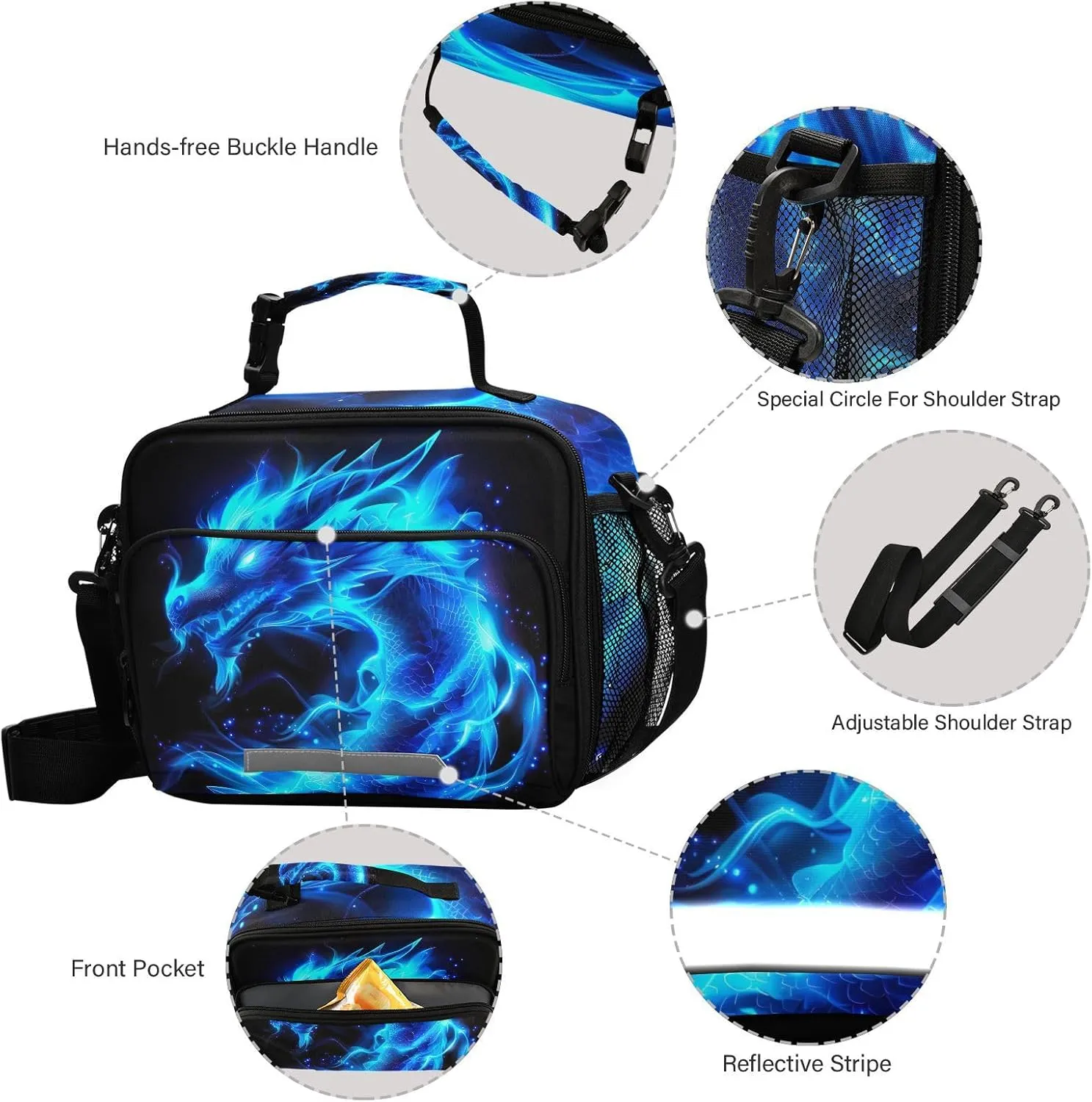 Blue Flame Dragon Kids Lunch Box Insulated Lunch Bags Cooler Tote Bag with Removable Shoulder Strap for Boy Girl Student 20856137