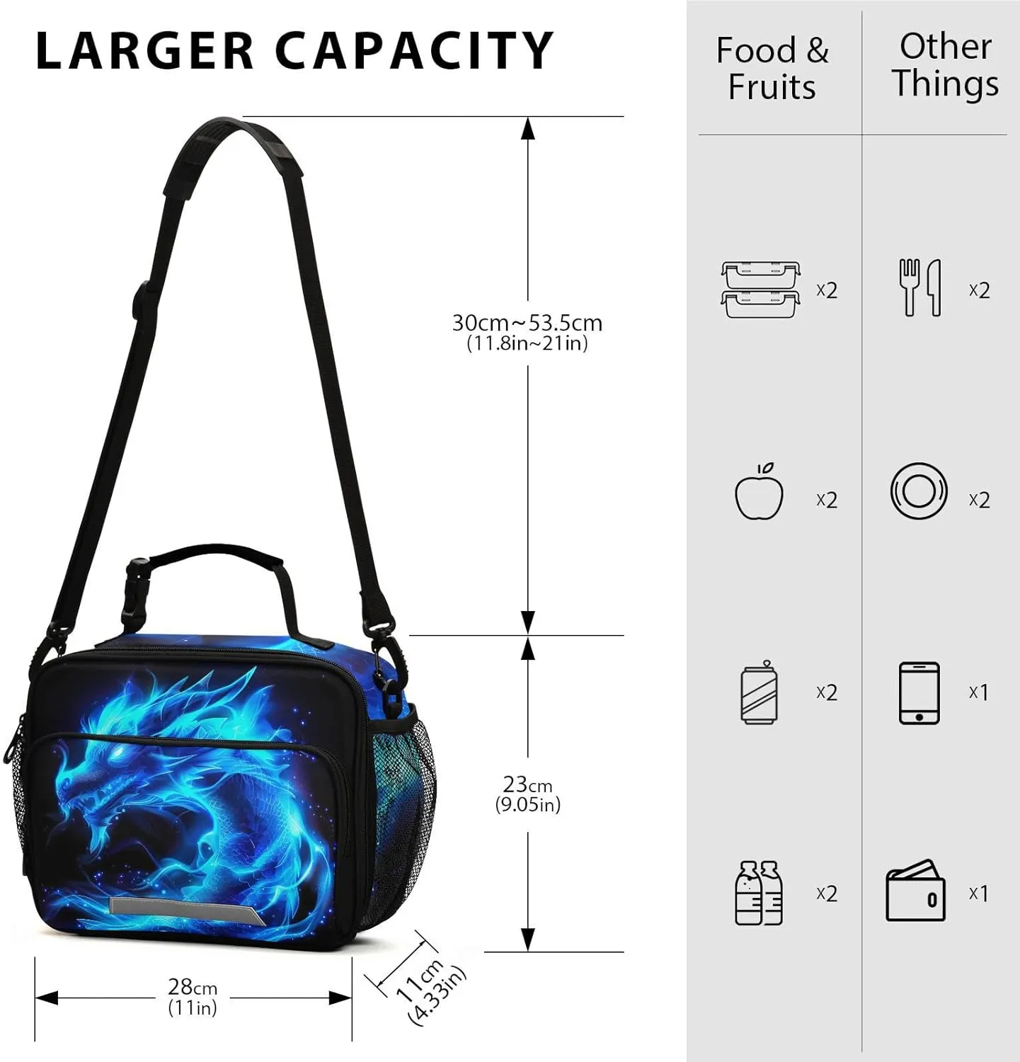 Blue Flame Dragon Kids Lunch Box Insulated Lunch Bags Cooler Tote Bag with Removable Shoulder Strap for Boy Girl Student 20856137