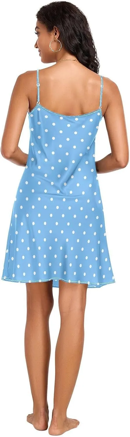 Blue Polka Dots Satin Slip Dress, Adjustable Spaghetti Strap V Neck Chemise for Women, S