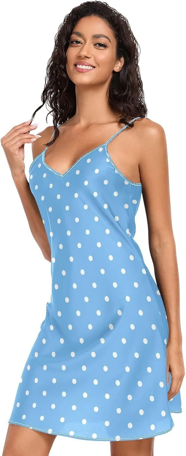 Blue Polka Dots Satin Slip Dress, Adjustable Spaghetti Strap V Neck Chemise for Women, S
