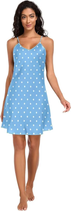 Blue Polka Dots Satin Slip Dress, Adjustable Spaghetti Strap V Neck Chemise for Women, S