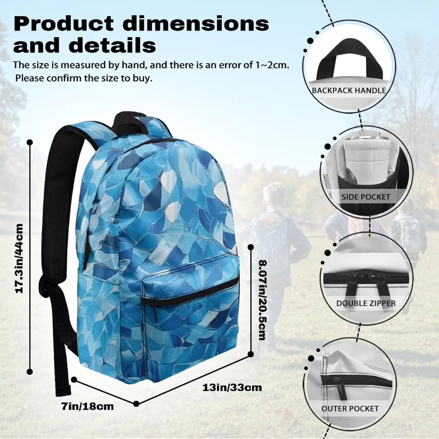 Blue Print Vibrant Pattern Kids Backpack with Side Pocket School Bookbag for Students Boys Girls