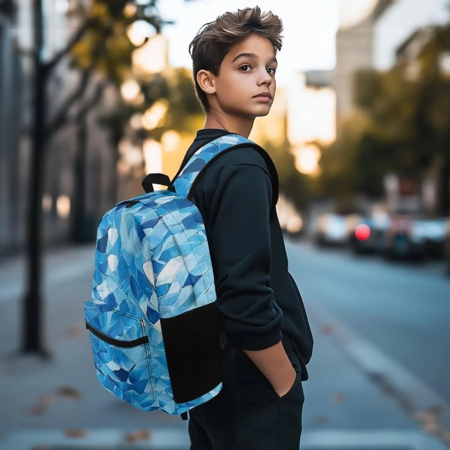 Blue Print Vibrant Pattern Kids Backpack with Side Pocket School Bookbag for Students Boys Girls