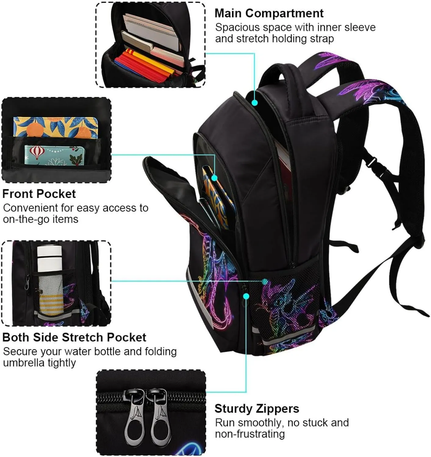 Blue Purple Green Dragon Backpack for Boys Girls Kids Elementary Bookbag School Bag Students Daypack Travel Rucksack