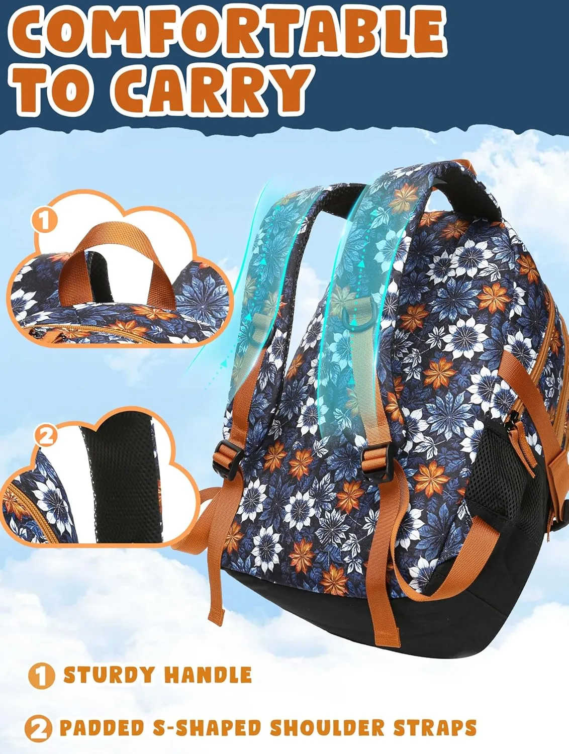 BLUEFAIRY Floral Backpack for Women Girls 18" Large Bookbag High School Backpack for Teens Fits 15.6 inch Laptop with Lots of Pockets for College Work Travel 18" Tie-Dye Leaf Burnt Orange/Black