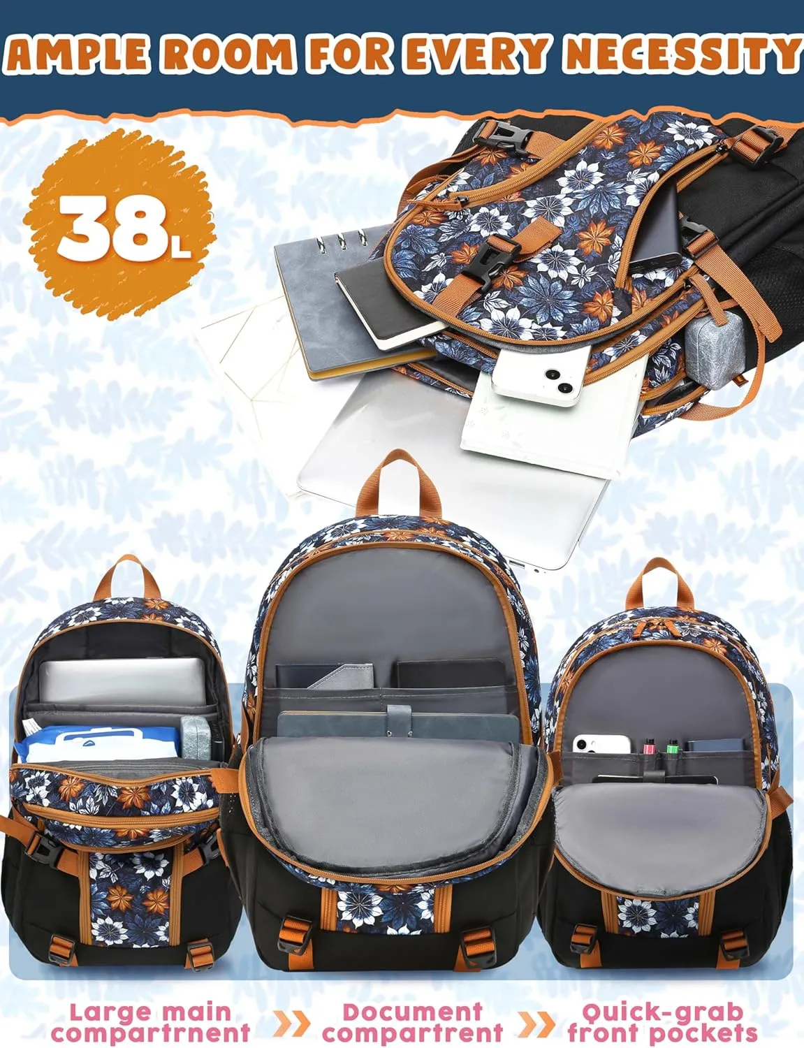 BLUEFAIRY Floral Backpack for Women Girls 18" Large Bookbag High School Backpack for Teens Fits 15.6 inch Laptop with Lots of Pockets for College Work Travel 18" Tie-Dye Leaf Burnt Orange/Black