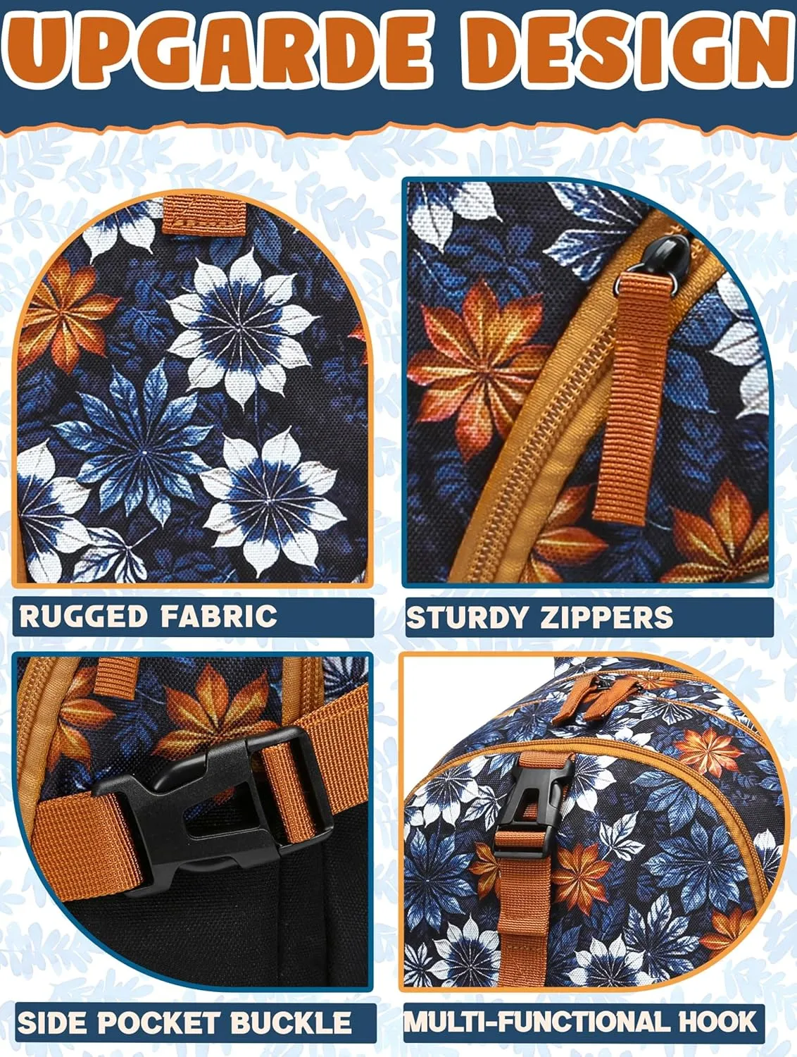 BLUEFAIRY Floral Backpack for Women Girls 18" Large Bookbag High School Backpack for Teens Fits 15.6 inch Laptop with Lots of Pockets for College Work Travel 18" Tie-Dye Leaf Burnt Orange/Black