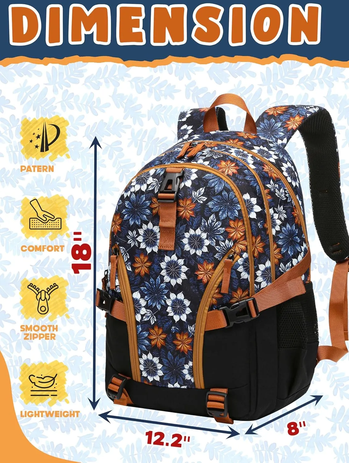 BLUEFAIRY Floral Backpack for Women Girls 18" Large Bookbag High School Backpack for Teens Fits 15.6 inch Laptop with Lots of Pockets for College Work Travel 18" Tie-Dye Leaf Burnt Orange/Black