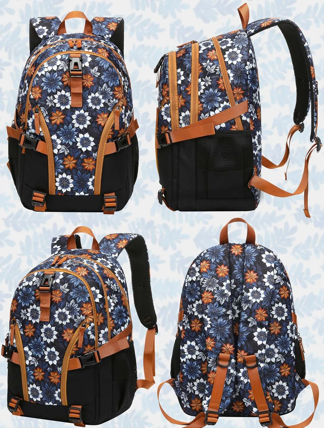 BLUEFAIRY Floral Backpack for Women Girls 18" Large Bookbag High School Backpack for Teens Fits 15.6 inch Laptop with Lots of Pockets for College Work Travel 18" Tie-Dye Leaf Burnt Orange/Black