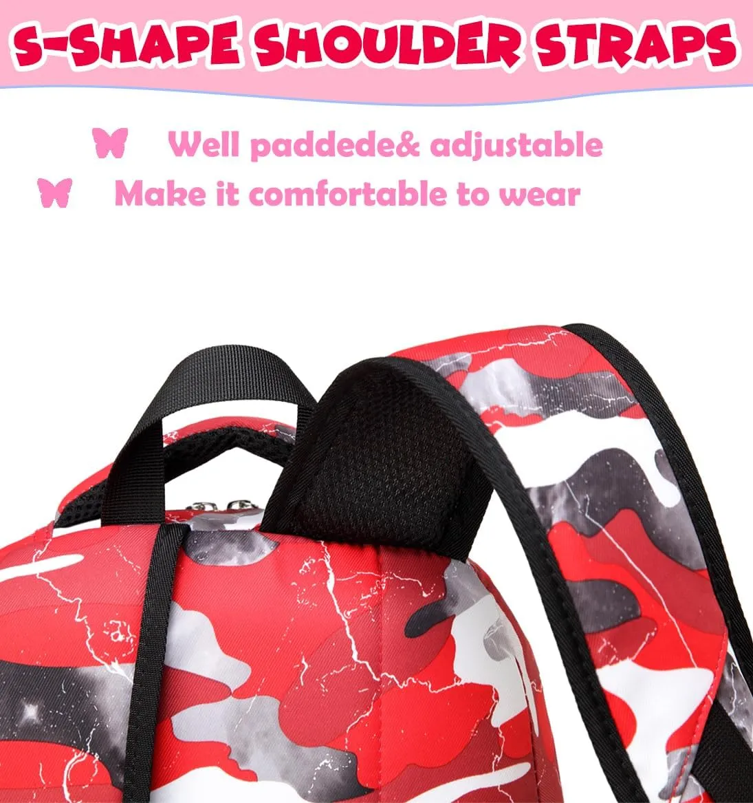 BLUEFAIRY Kids Backpack with Lunch Box for Boys Girls Elementary Middle School BookBags for Teens Childs Back to School Travel Gifts Large Campartments Padded Straps Sleeve Camo Red