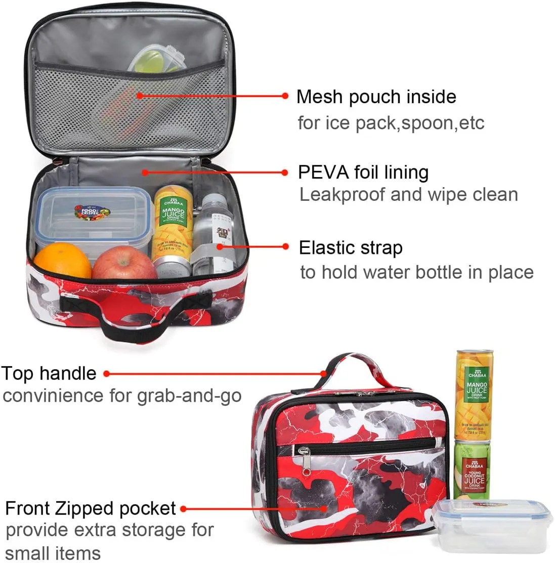 BLUEFAIRY Kids Backpack with Lunch Box for Boys Girls Elementary Middle School BookBags for Teens Childs Back to School Travel Gifts Large Campartments Padded Straps Sleeve Camo Red