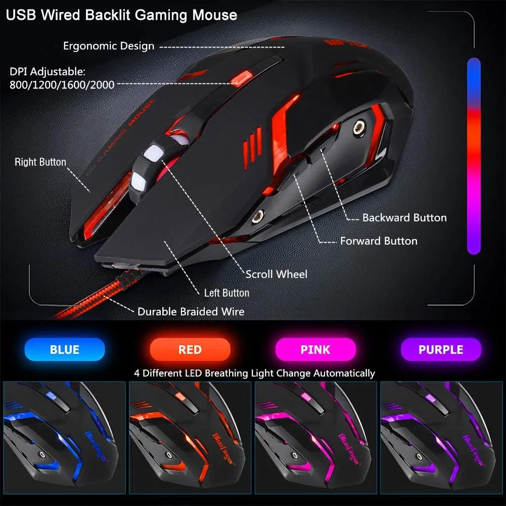 BlueFinger RGB Gaming Keyboard and Backlit Mouse Combo, USB Wired, LED Gaming Set for Laptop PC Computer Game and Work