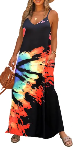 Bluetime Women Summer Spaghetti Strap Maxi Dress V-Neck Sleeveless Flowy Boho Floral Beach Long Dress with Pockets