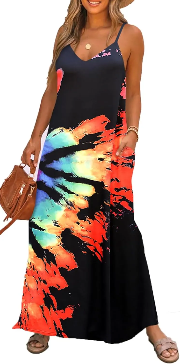 Bluetime Women Summer Spaghetti Strap Maxi Dress V-Neck Sleeveless Flowy Boho Floral Beach Long Dress with Pockets