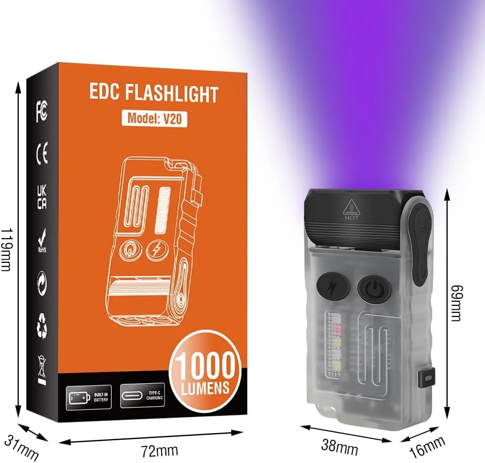 BORUIT V20 Small Powerful EDC Flashlight Bright USB C Rechargeable 365nm UV Keychain Flash Light 180°Head Swivels, Two-Way Clip, Magnet, with Multi-Color COB Light-13 Mode(White UV Edition)