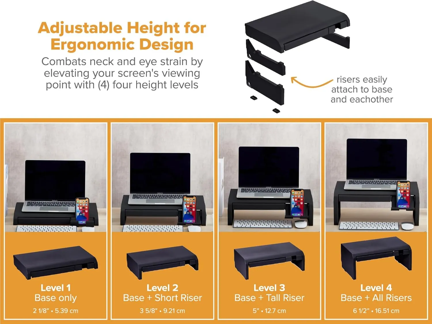 Bostitch Konnect Adjustable Monitor Riser with Drawer & Cell Phone Holder, Laptop Stand for Desk, 4 Height Levels, Cable Management & Rubber Feet