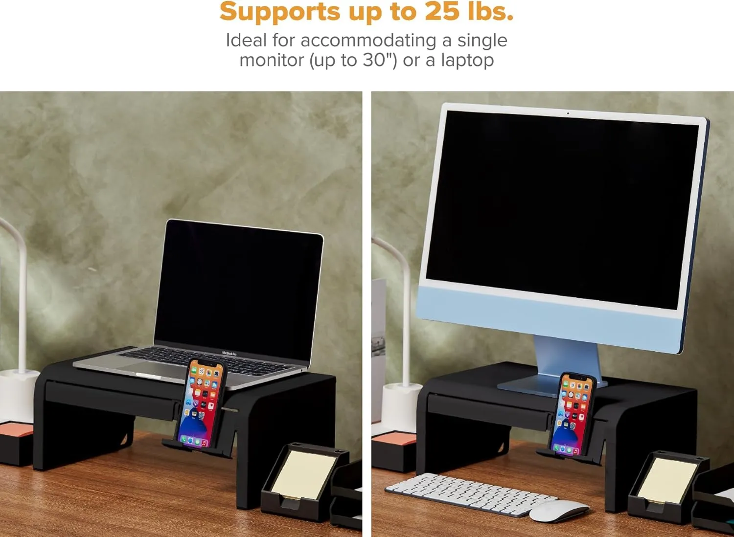 Bostitch Konnect Adjustable Monitor Riser with Drawer & Cell Phone Holder, Laptop Stand for Desk, 4 Height Levels, Cable Management & Rubber Feet