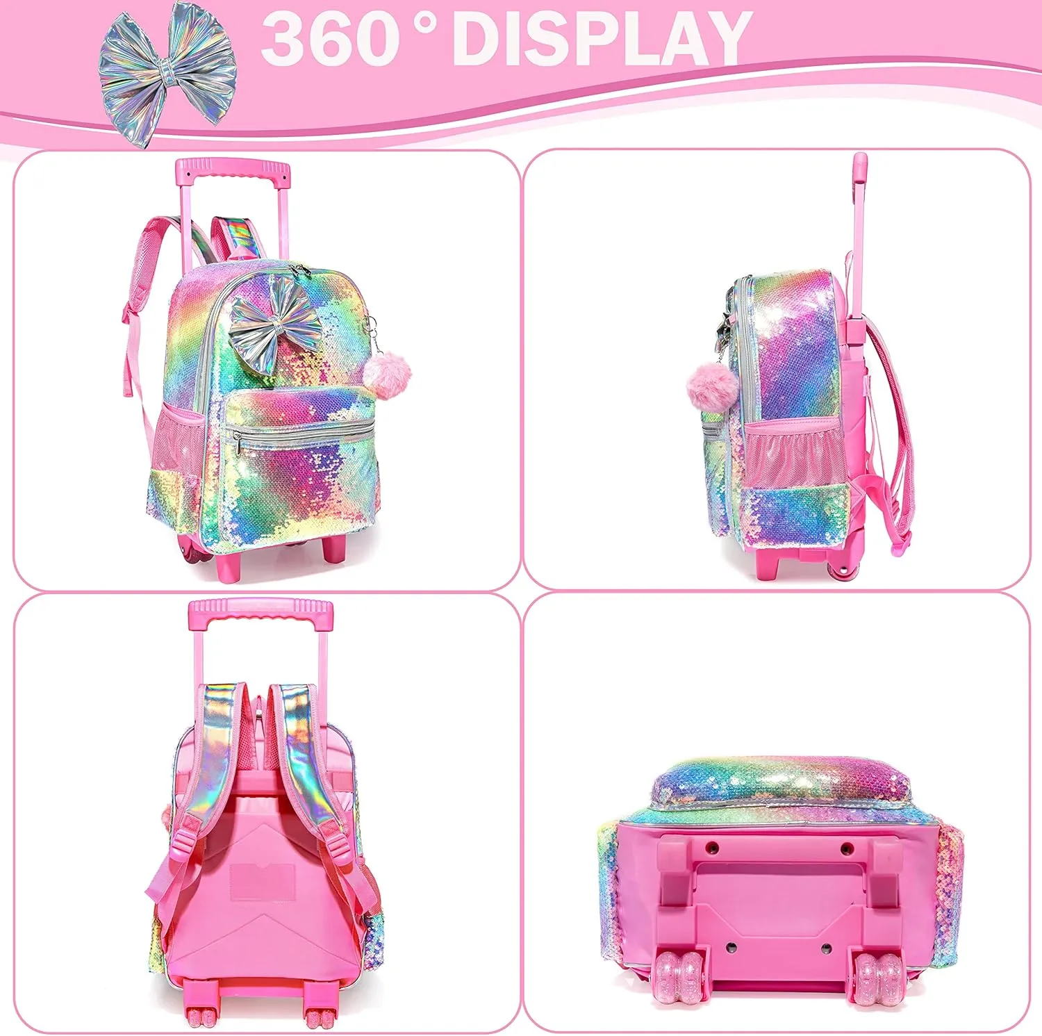 Bowknot Rolling Backpack for Girls Roller Backpacks with Wheels Kids Wheeled Sequin Suitcase Trolley Trip Luggage for Elementary Kindergarten Student with Lunch Box Pencil Case for Kids 5-12 Years Old