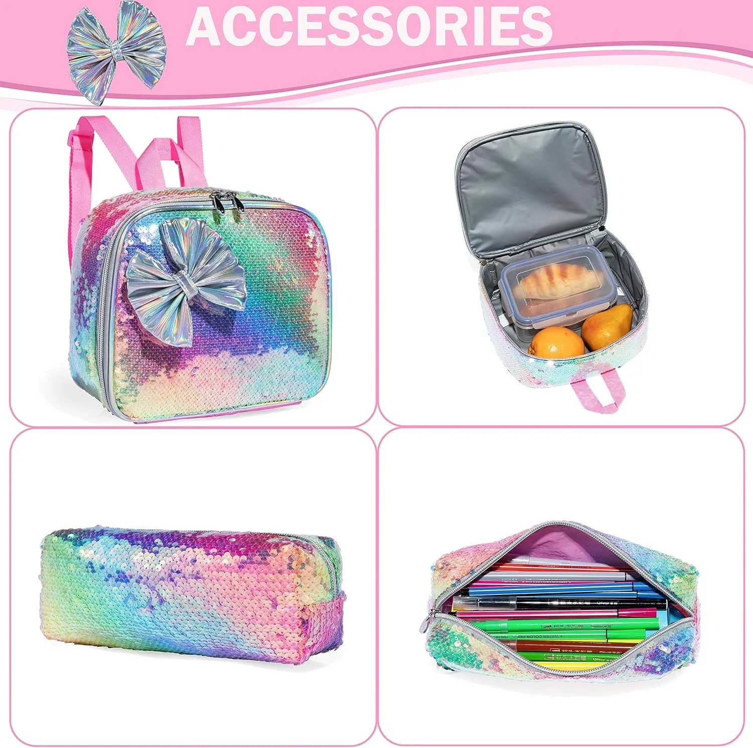 Bowknot Rolling Backpack for Girls Roller Backpacks with Wheels Kids Wheeled Sequin Suitcase Trolley Trip Luggage for Elementary Kindergarten Student with Lunch Box Pencil Case for Kids 5-12 Years Old